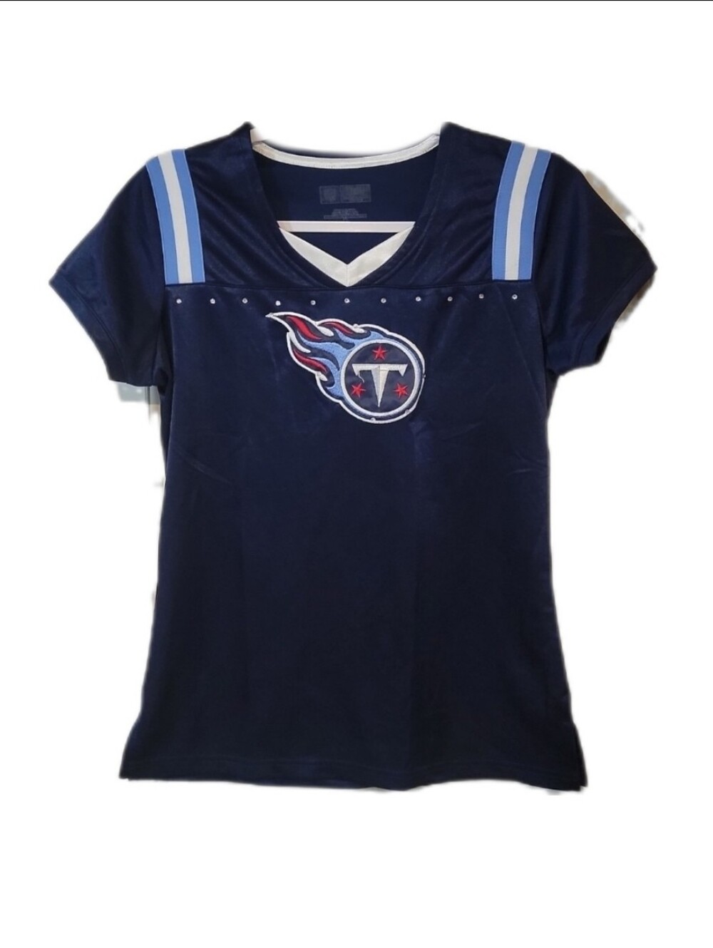 Tennessee Titans NFL Women’s Fitted Blue Bedazzled Rhinestone Football Jersey M